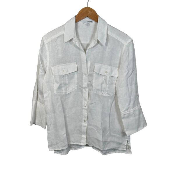 James Perse El Matador Linen Shirt Size 1 US L White ¾ Sleeve Roll Tab Button Up - Picture 1 of 12